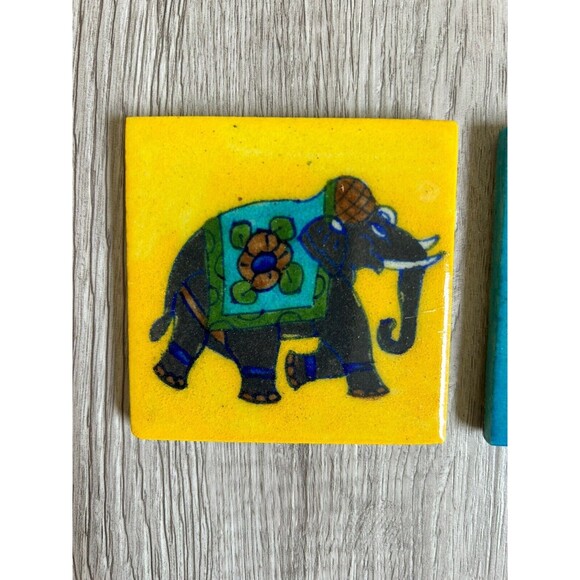 Miniature Indian Painted 3" Square Tiles Elephant & Winged Horse Pegasus Glossy - Picture 2 of 5